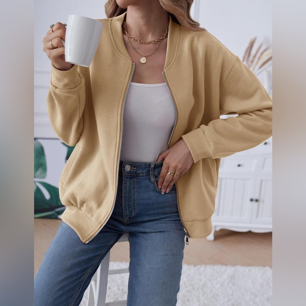 Womens Long Sleeve Zip Up Jackets Loose Outwear with Pockets Tan Size XL